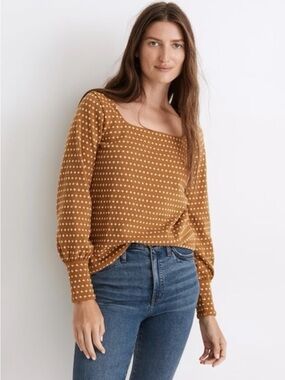 Madewell ~ Mustard/Gold Floral Polka Dot Square Neck Blouse, Great Condition, XL